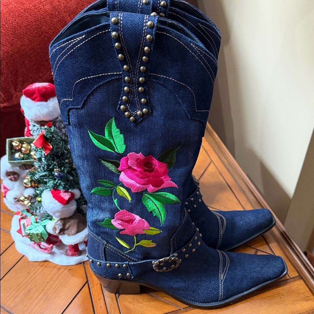 J.Renee Denim Boots with Pink Floral Embroidery